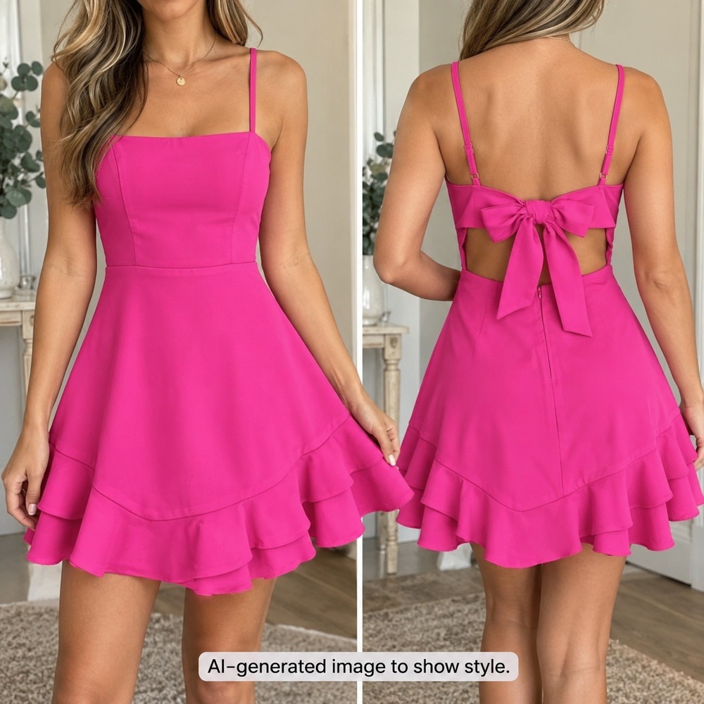 Hot Pink Ruffle Hem Cutout Bow Back Fit Flare Dress Size 5 Party Prom Homecoming